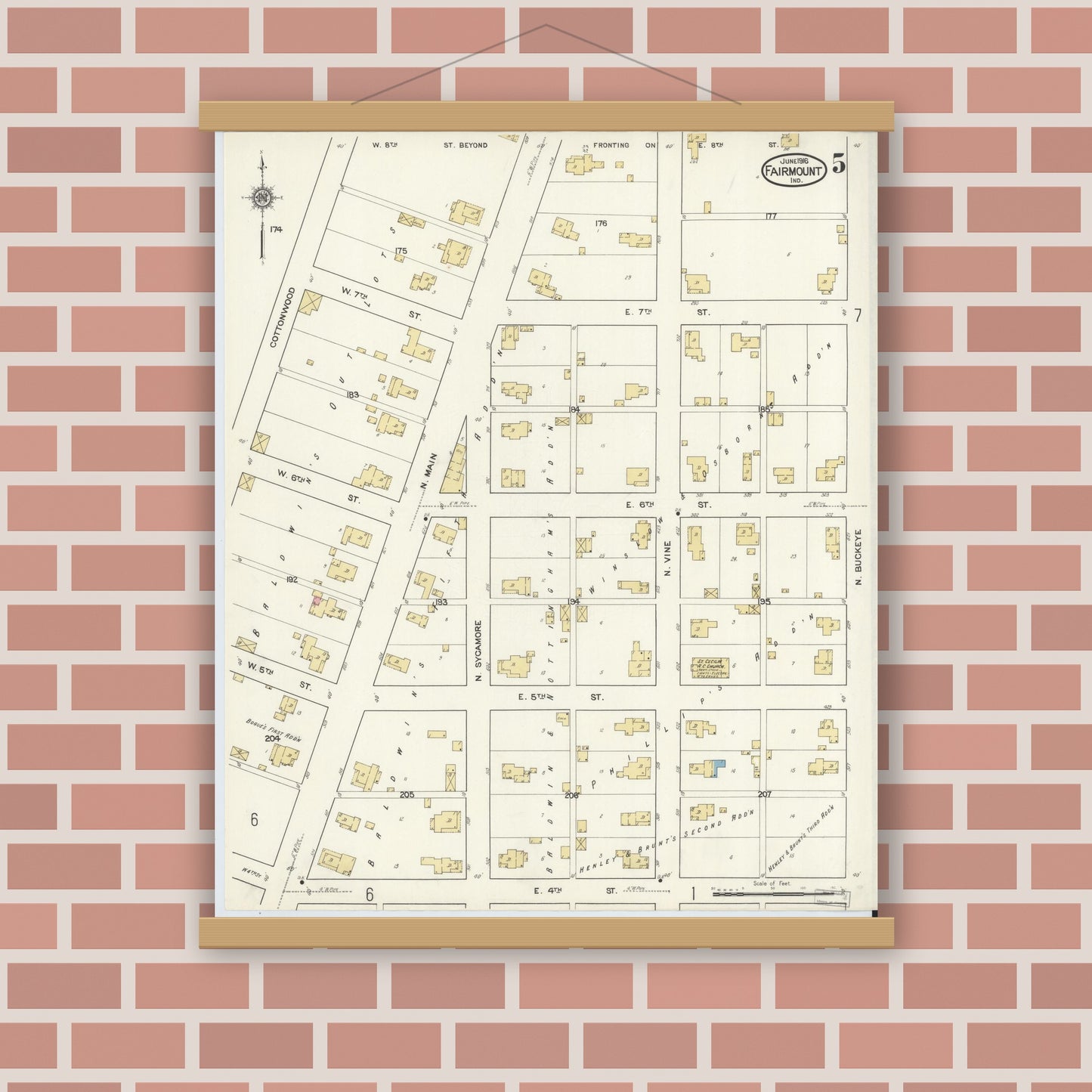 Old map wall art mockup — magnetic wood frame on brick wall — Sanborn Fire Insurance Map from Fairmount, Grant County, Indiana (1916), Sheet #0005