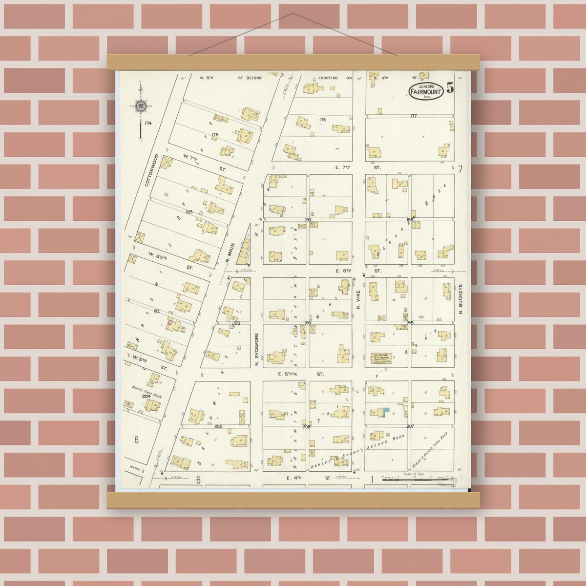 Old map wall art mockup — magnetic wood frame on brick wall — Sanborn Fire Insurance Map from Fairmount, Grant County, Indiana (1916), Sheet #0005
