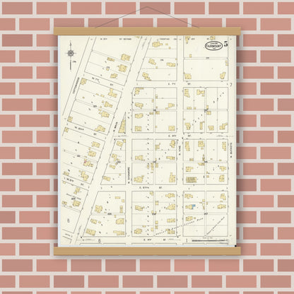 Old map wall art mockup — magnetic wood frame on brick wall — Sanborn Fire Insurance Map from Fairmount, Grant County, Indiana (1916), Sheet #0005