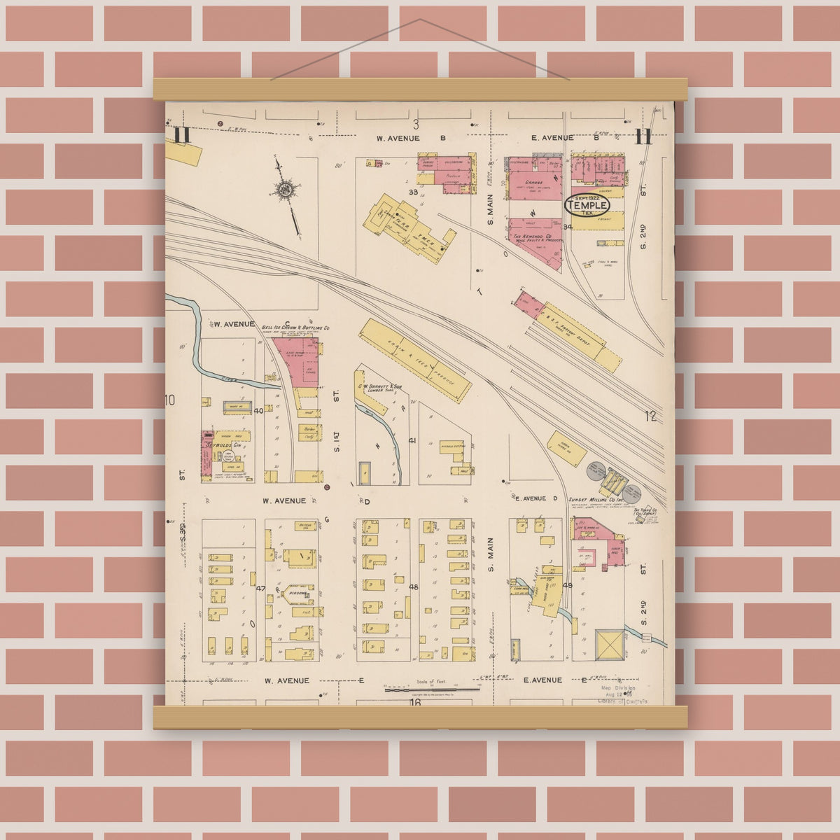 Old map wall art mockup — magnetic wood frame on brick wall — Sanborn Fire Insurance Map from Temple, Bell County, Texas (1922), Sheet #0011