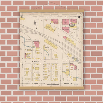 Old map wall art mockup — magnetic wood frame on brick wall — Sanborn Fire Insurance Map from Temple, Bell County, Texas (1922), Sheet #0011