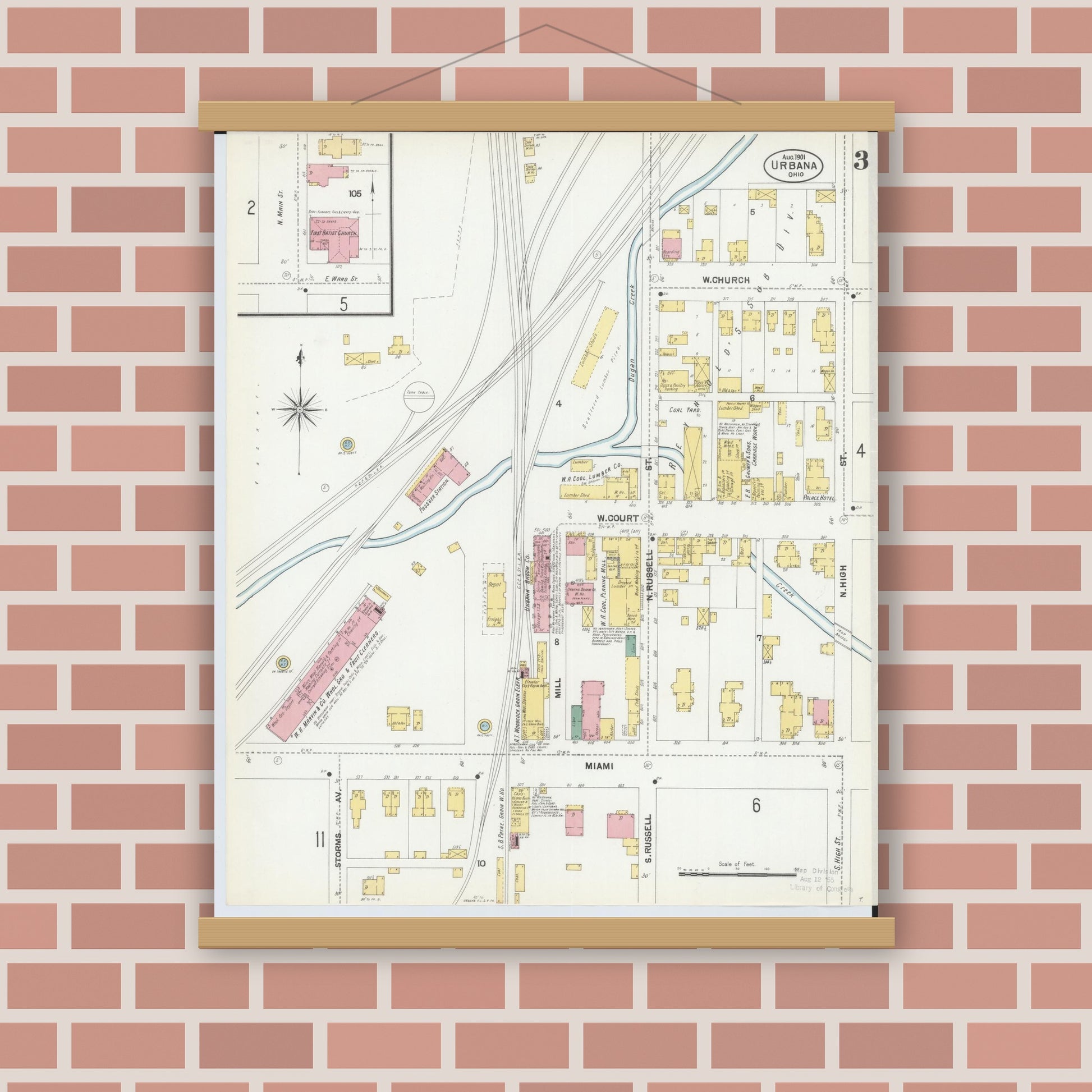 Old map wall art mockup — magnetic wood frame on brick wall — Sanborn Fire Insurance Map from Urbana, Champaign County, Ohio (1901), Sheet #0003