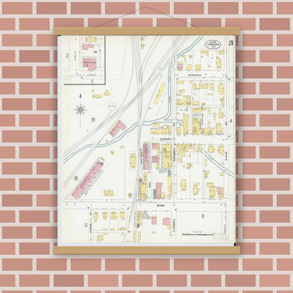 Old map wall art mockup — magnetic wood frame on brick wall — Sanborn Fire Insurance Map from Urbana, Champaign County, Ohio (1901), Sheet #0003