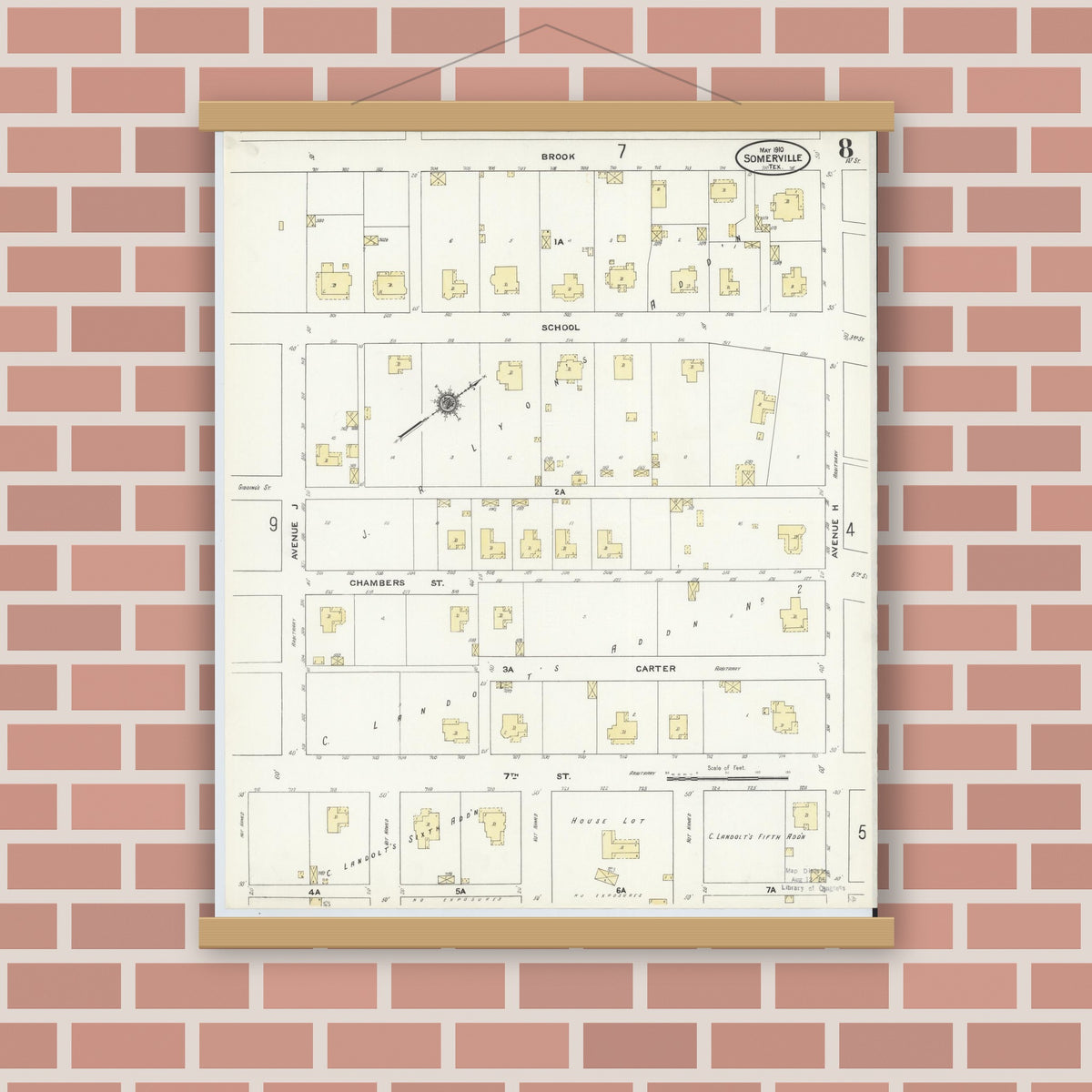 Old map wall art mockup — magnetic wood frame on brick wall — Sanborn Fire Insurance Map from Somerville, Burleson County, Texas (1910), Sheet #0008