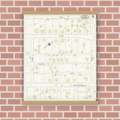 Old map wall art mockup — magnetic wood frame on brick wall — Sanborn Fire Insurance Map from Somerville, Burleson County, Texas (1910), Sheet #0008