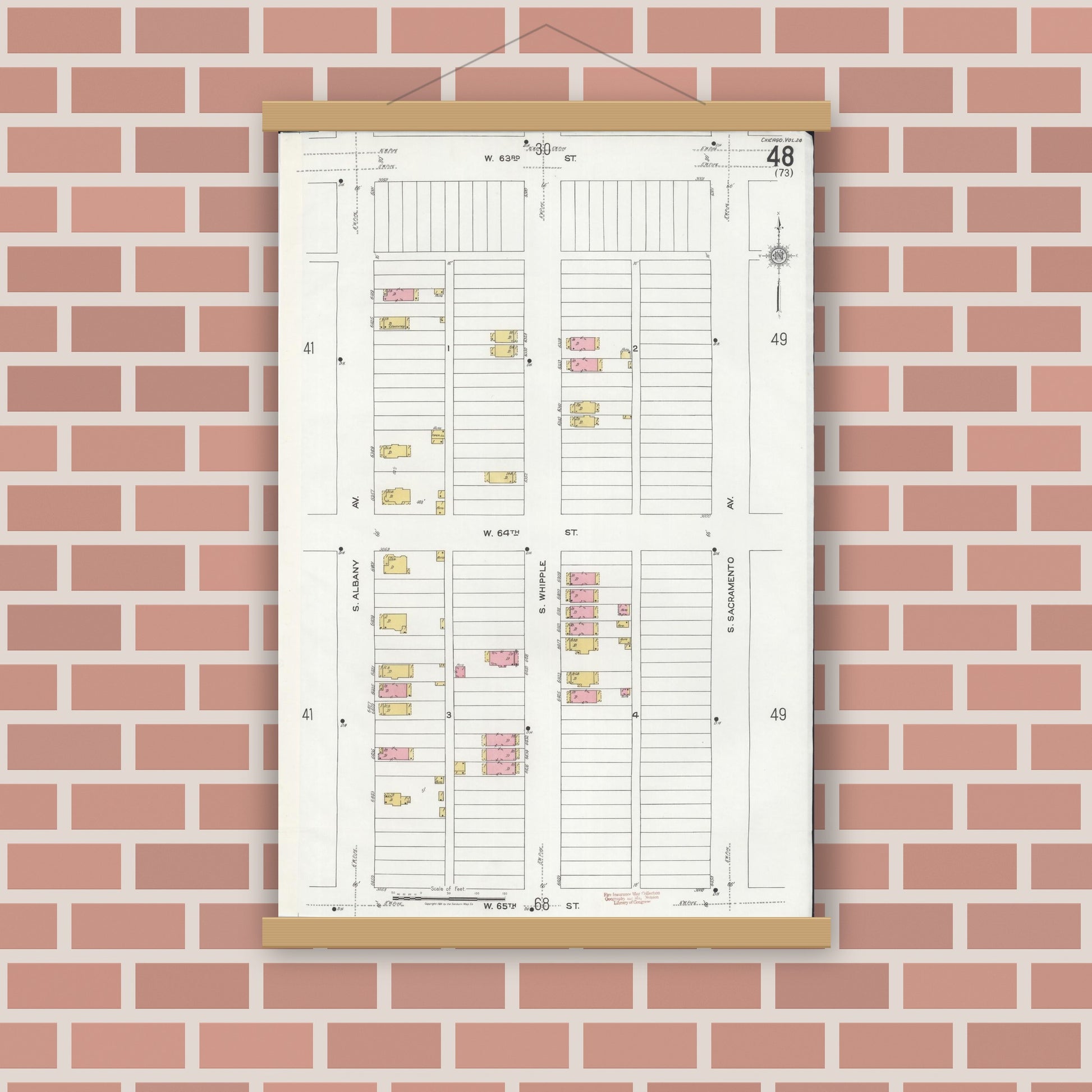 Old map wall art mockup — magnetic wood frame on brick wall — Sanborn Fire Insurance Map from Chicago, Cook County, Illinois (1920), Sheet #0048