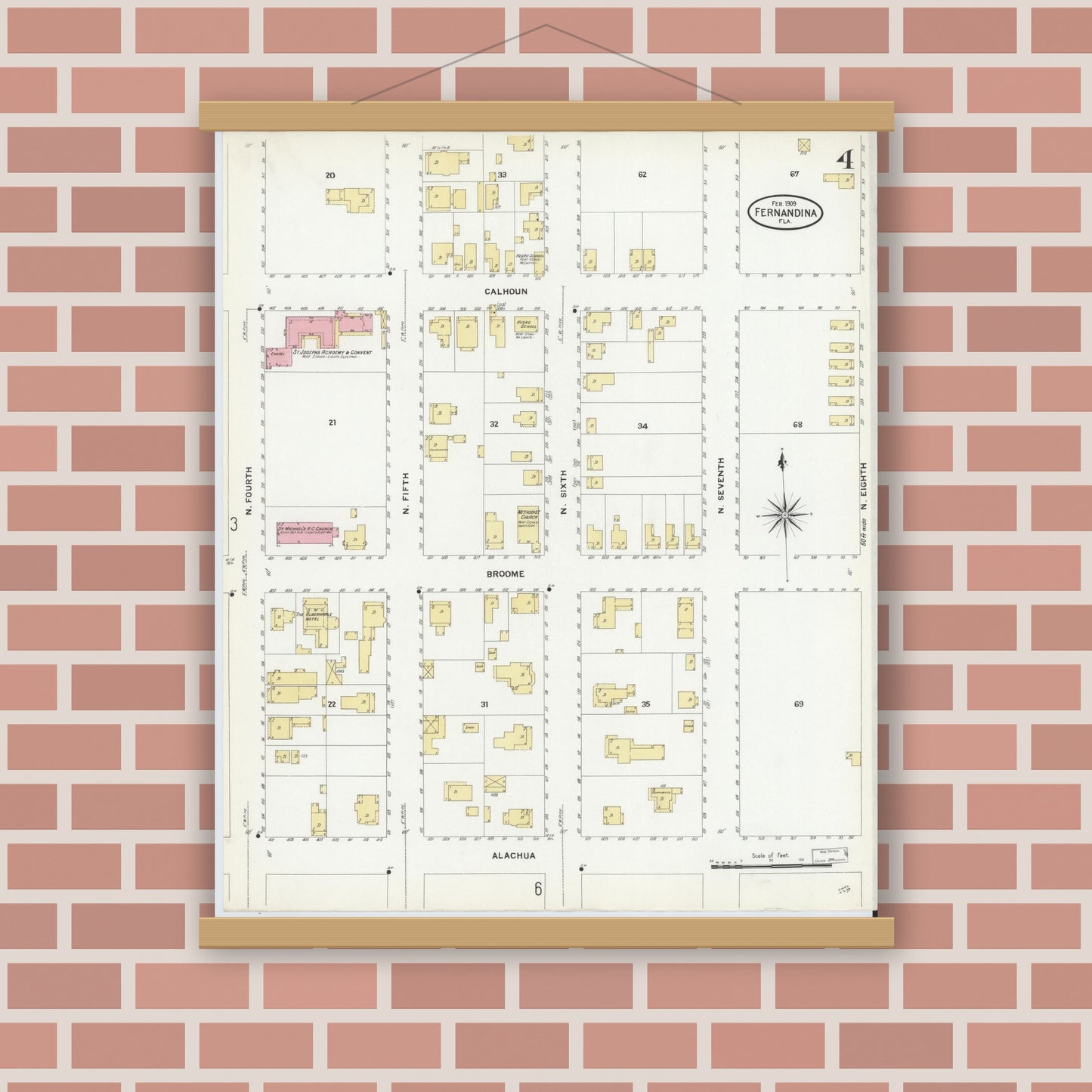 Old map wall art mockup — magnetic wood frame on brick wall — Sanborn Fire Insurance Map from Fernandina, Nassau County, Florida (1909), Sheet #0004