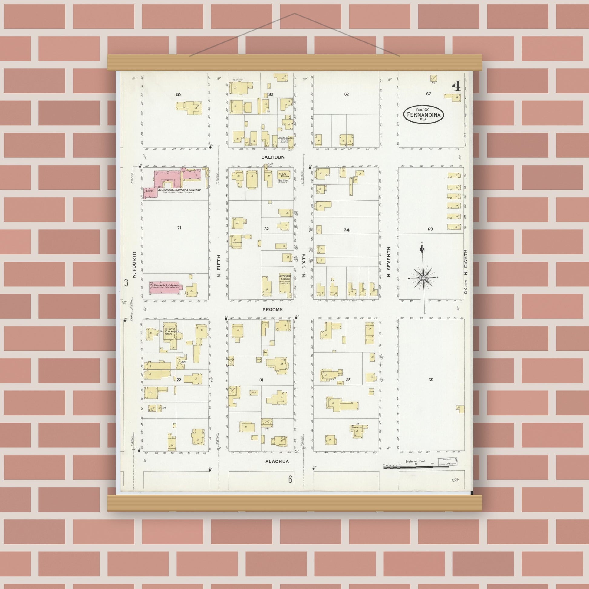 Old map wall art mockup — magnetic wood frame on brick wall — Sanborn Fire Insurance Map from Fernandina, Nassau County, Florida (1909), Sheet #0004
