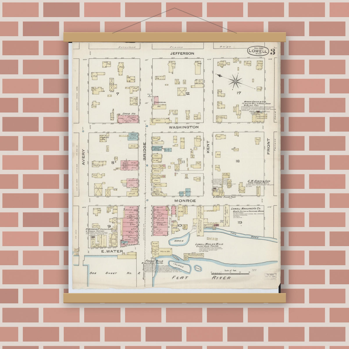 Old map wall art mockup — magnetic wood frame on brick wall — Sanborn Fire Insurance Map from Lowell, Kent County, Michigan (1885), Sheet #0003