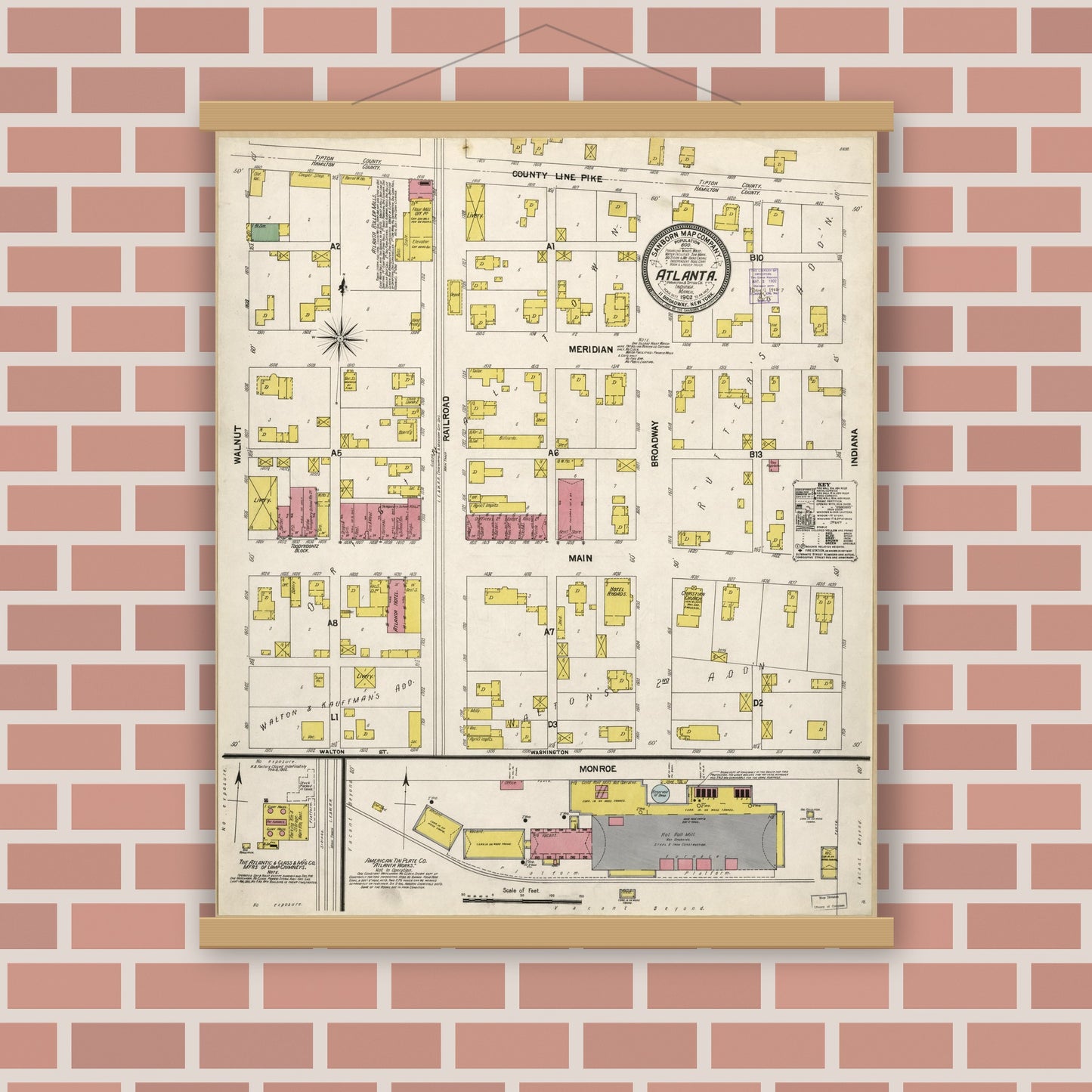 Old map wall art mockup — magnetic wood frame on brick wall — Sanborn Fire Insurance Map from Atlanta, Hamilton And Tipton Counties, Indiana (1902), Sheet #0001