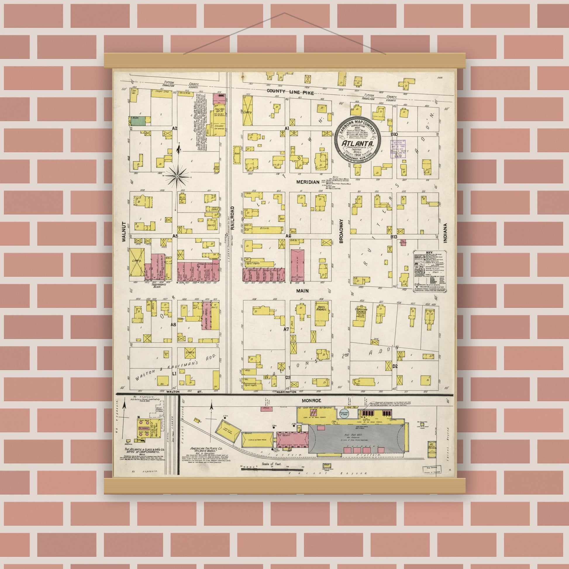 Old map wall art mockup — magnetic wood frame on brick wall — Sanborn Fire Insurance Map from Atlanta, Hamilton And Tipton Counties, Indiana (1902), Sheet #0001