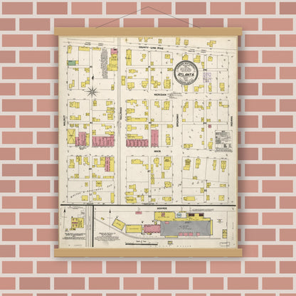 Old map wall art mockup — magnetic wood frame on brick wall — Sanborn Fire Insurance Map from Atlanta, Hamilton And Tipton Counties, Indiana (1902), Sheet #0001