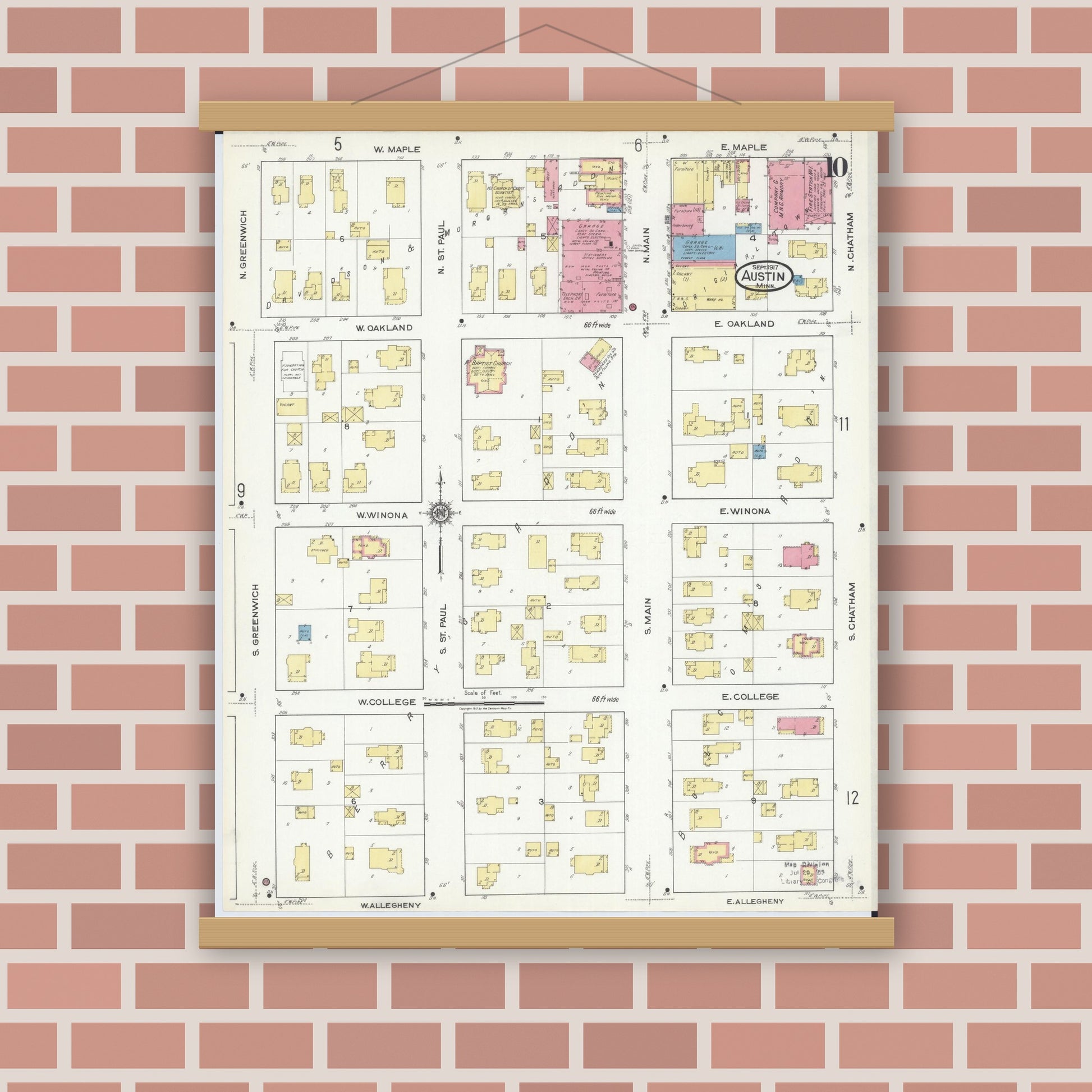 Old map wall art mockup — magnetic wood frame on brick wall — Sanborn Fire Insurance Map from Austin, Mower County, Minnesota (1917), Sheet #0010