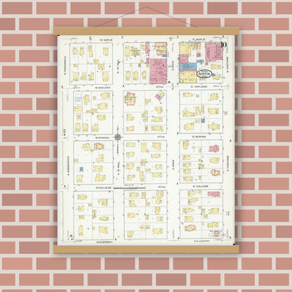 Old map wall art mockup — magnetic wood frame on brick wall — Sanborn Fire Insurance Map from Austin, Mower County, Minnesota (1917), Sheet #0010