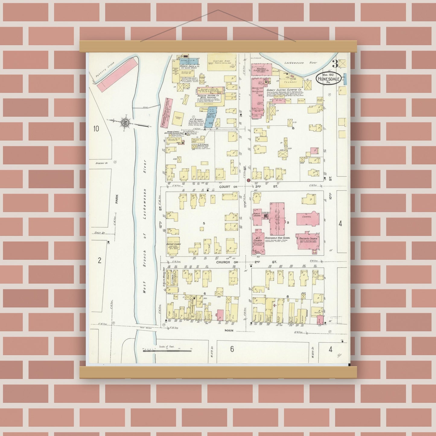 Old map wall art mockup — magnetic wood frame on brick wall — Sanborn Fire Insurance Map from Honesdale, Wayne County, Pennsylvania (1912), Sheet #0003
