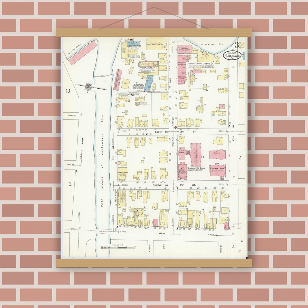 Old map wall art mockup — magnetic wood frame on brick wall — Sanborn Fire Insurance Map from Honesdale, Wayne County, Pennsylvania (1912), Sheet #0003