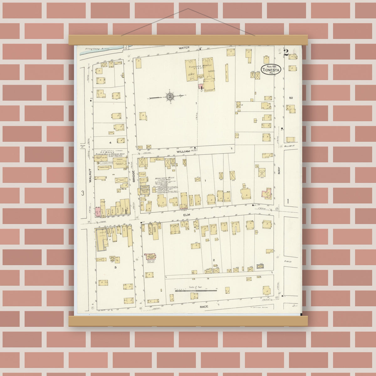 Old map wall art mockup — magnetic wood frame on brick wall — Sanborn Fire Insurance Map from Tionesta, Forest County, Pennsylvania (1912), Sheet #0002