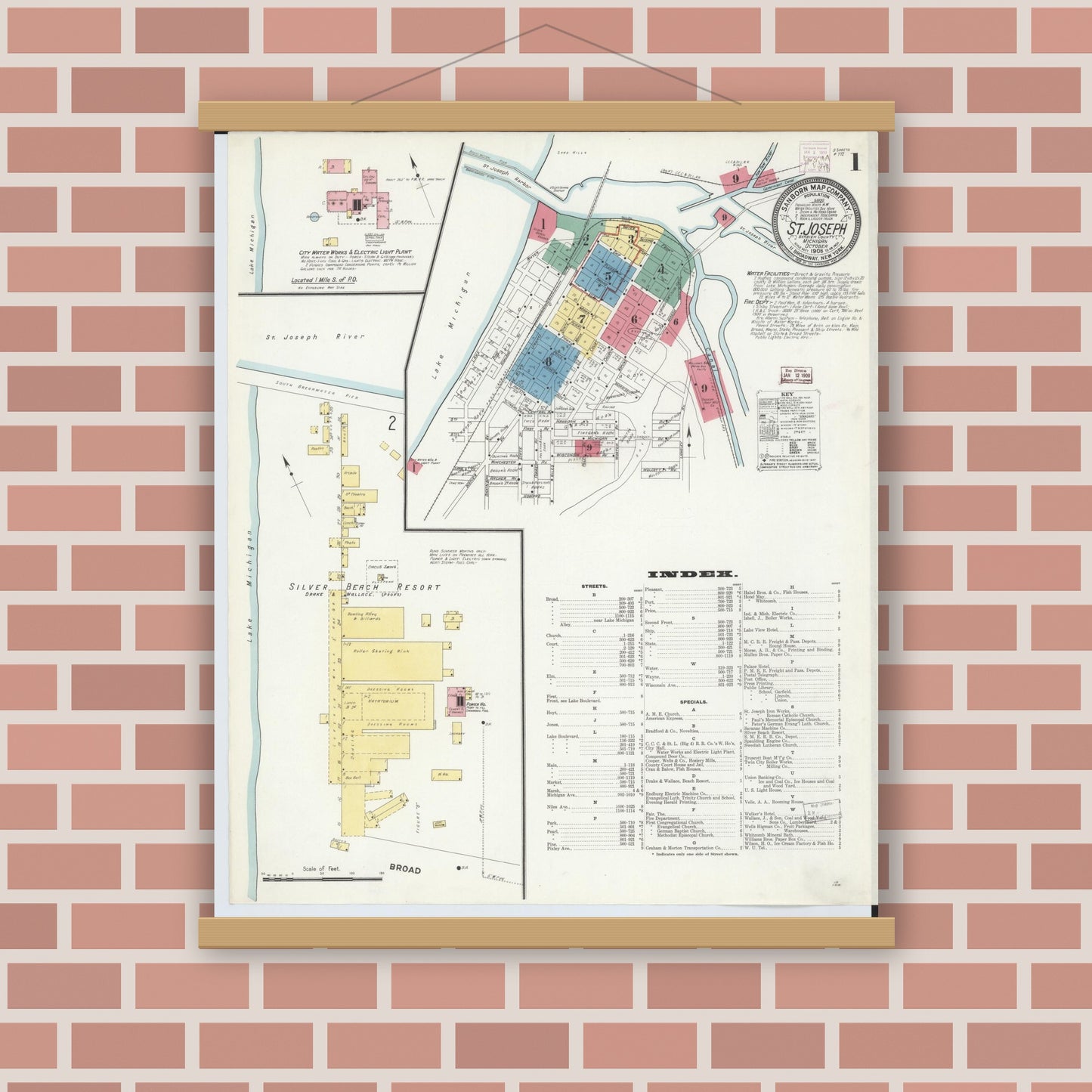 Old map wall art mockup — magnetic wood frame on brick wall — Sanborn Fire Insurance Map from Saint Joseph, Berrien County, Michigan (1908) - Complete Map Set