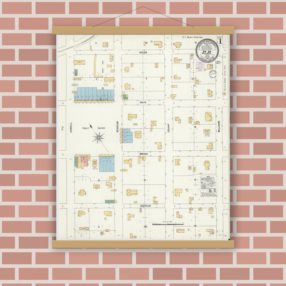 Old map wall art mockup — magnetic wood frame on brick wall — Sanborn Fire Insurance Map from Saint Jo, Montague County, Texas (1902) - Complete Map Set