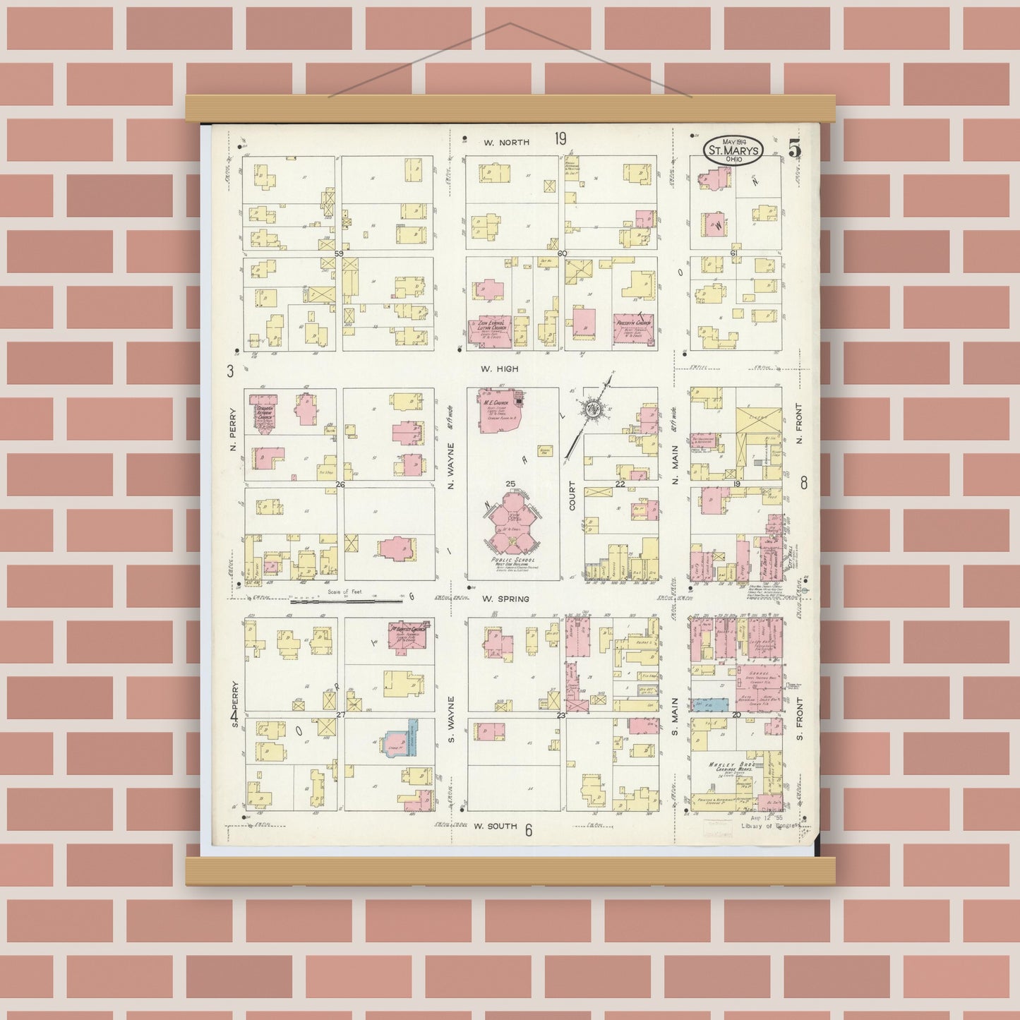 Old map wall art mockup — magnetic wood frame on brick wall — Sanborn Fire Insurance Map from Saint Marys, Auglaize County, Ohio (1914), Sheet #0005