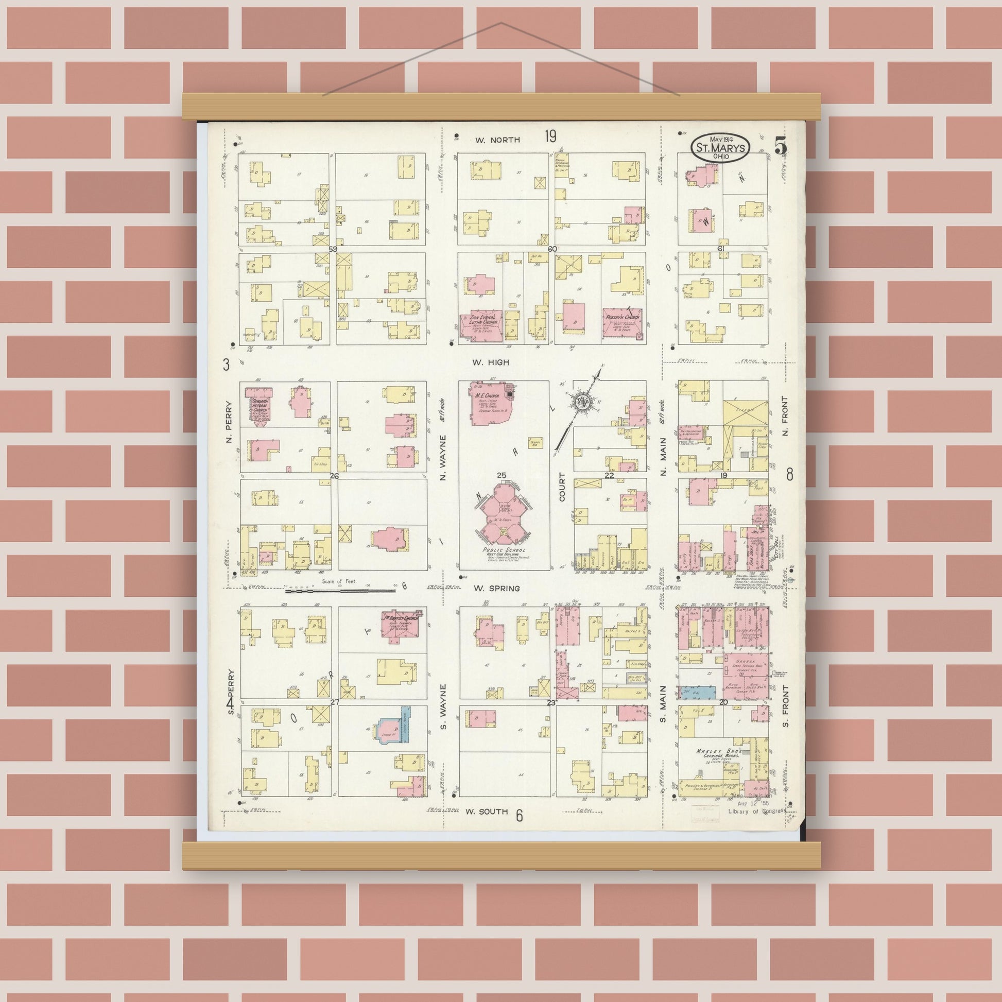Old map wall art mockup — magnetic wood frame on brick wall — Sanborn Fire Insurance Map from Saint Marys, Auglaize County, Ohio (1914), Sheet #0005