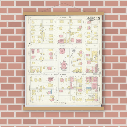 Old map wall art mockup — magnetic wood frame on brick wall — Sanborn Fire Insurance Map from Saint Marys, Auglaize County, Ohio (1914), Sheet #0005