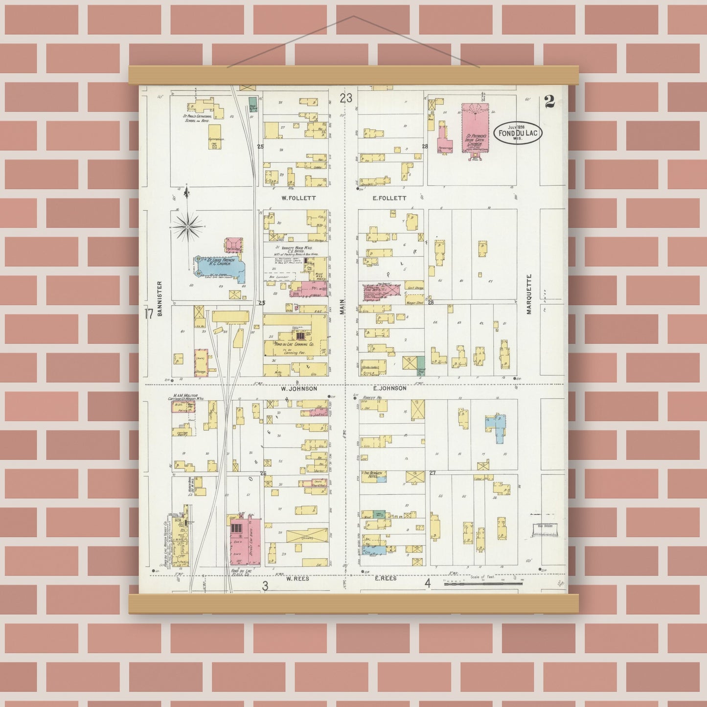 Old map wall art mockup — magnetic wood frame on brick wall — Sanborn Fire Insurance Map from Fond du Lac, Fond du Lac County, Wisconsin (1898), Sheet #0002