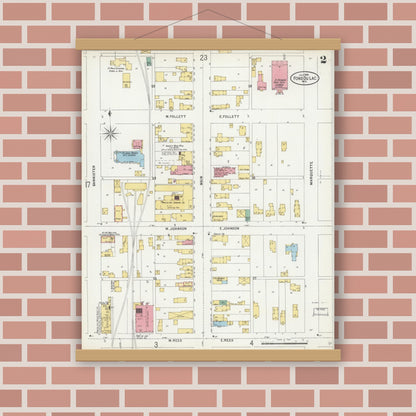 Old map wall art mockup — magnetic wood frame on brick wall — Sanborn Fire Insurance Map from Fond du Lac, Fond du Lac County, Wisconsin (1898), Sheet #0002