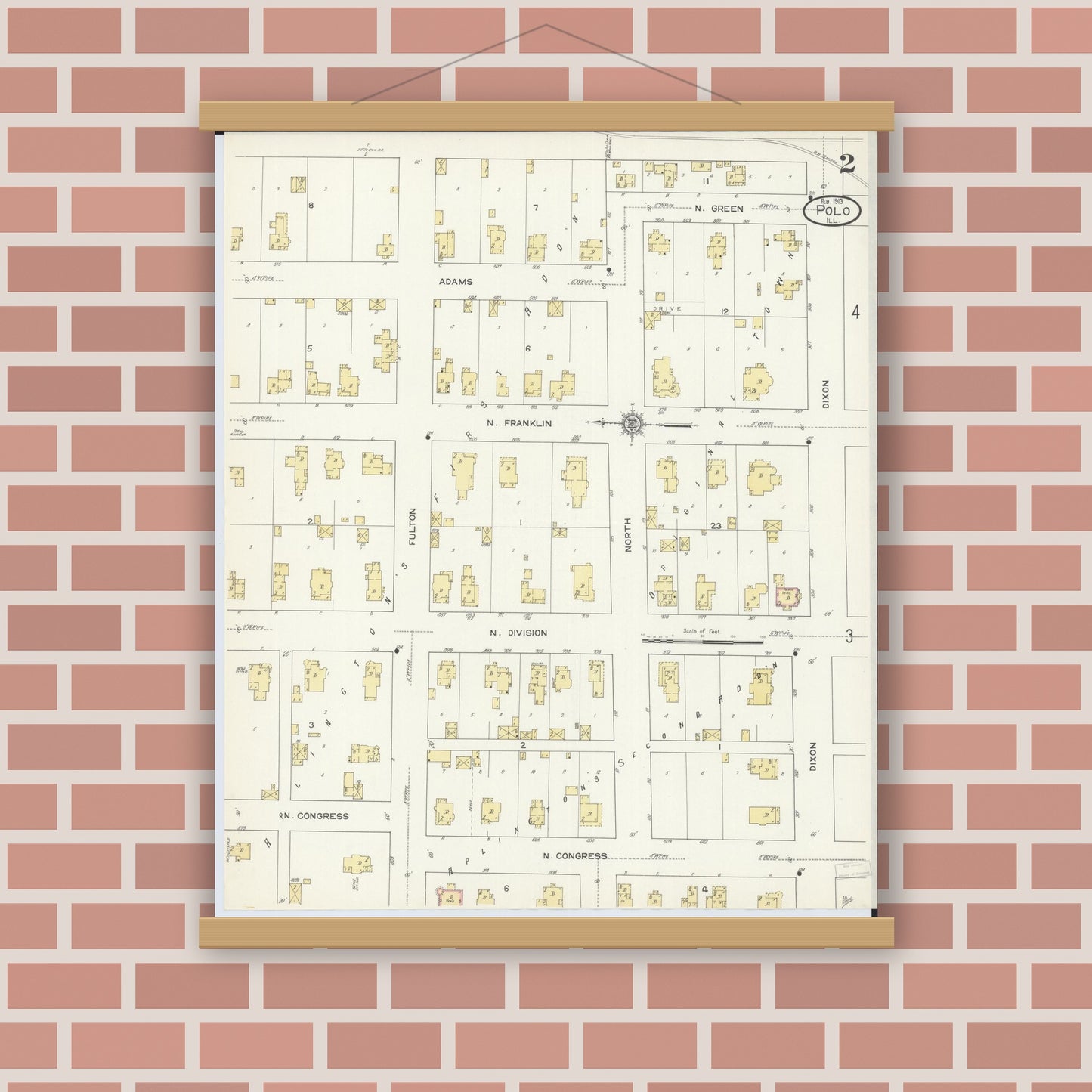 Old map wall art mockup — magnetic wood frame on brick wall — Sanborn Fire Insurance Map from Polo, Ogle County, Illinois (1913), Sheet #0002