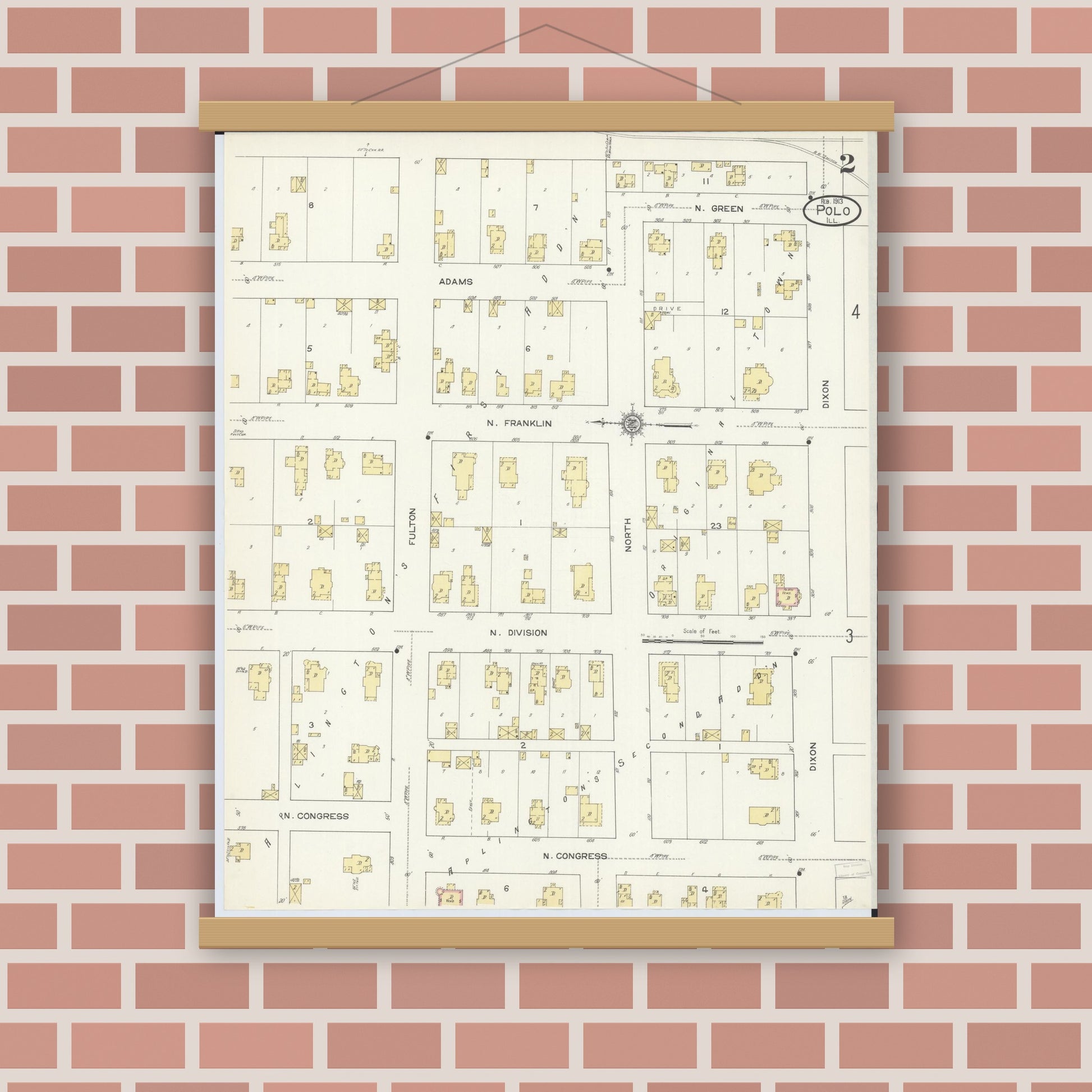 Old map wall art mockup — magnetic wood frame on brick wall — Sanborn Fire Insurance Map from Polo, Ogle County, Illinois (1913), Sheet #0002