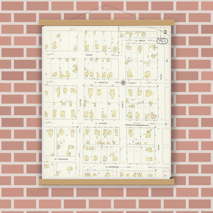 Old map wall art mockup — magnetic wood frame on brick wall — Sanborn Fire Insurance Map from Polo, Ogle County, Illinois (1913), Sheet #0002
