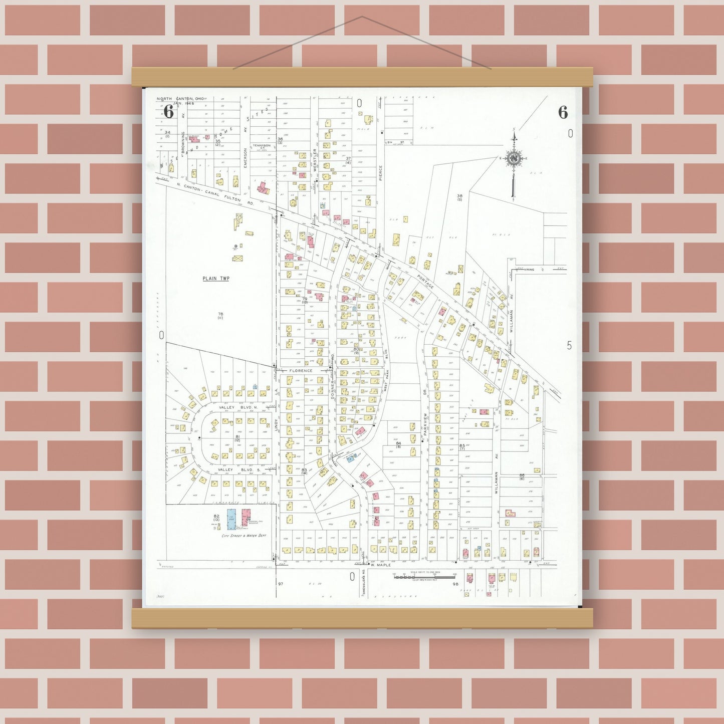 Old map wall art mockup — magnetic wood frame on brick wall — Sanborn Fire Insurance Map from North Canton, Stark County, Ohio (1948), Sheet #0006