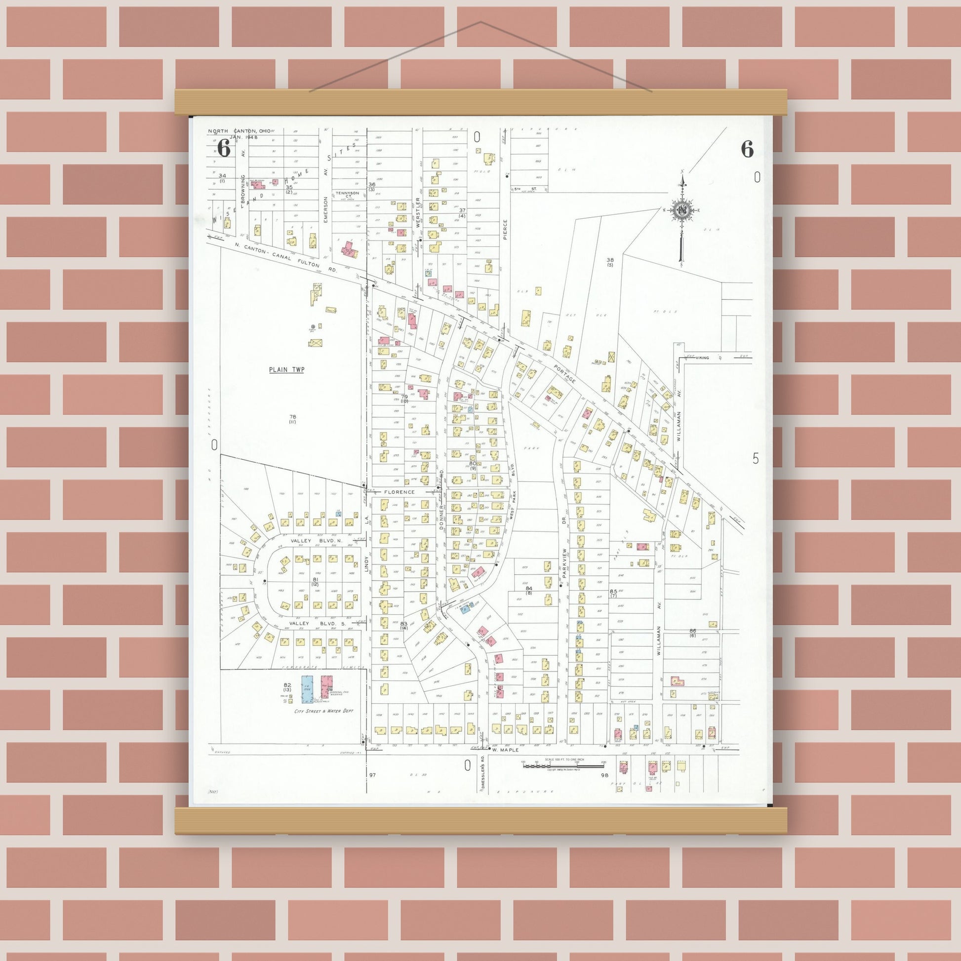 Old map wall art mockup — magnetic wood frame on brick wall — Sanborn Fire Insurance Map from North Canton, Stark County, Ohio (1948), Sheet #0006