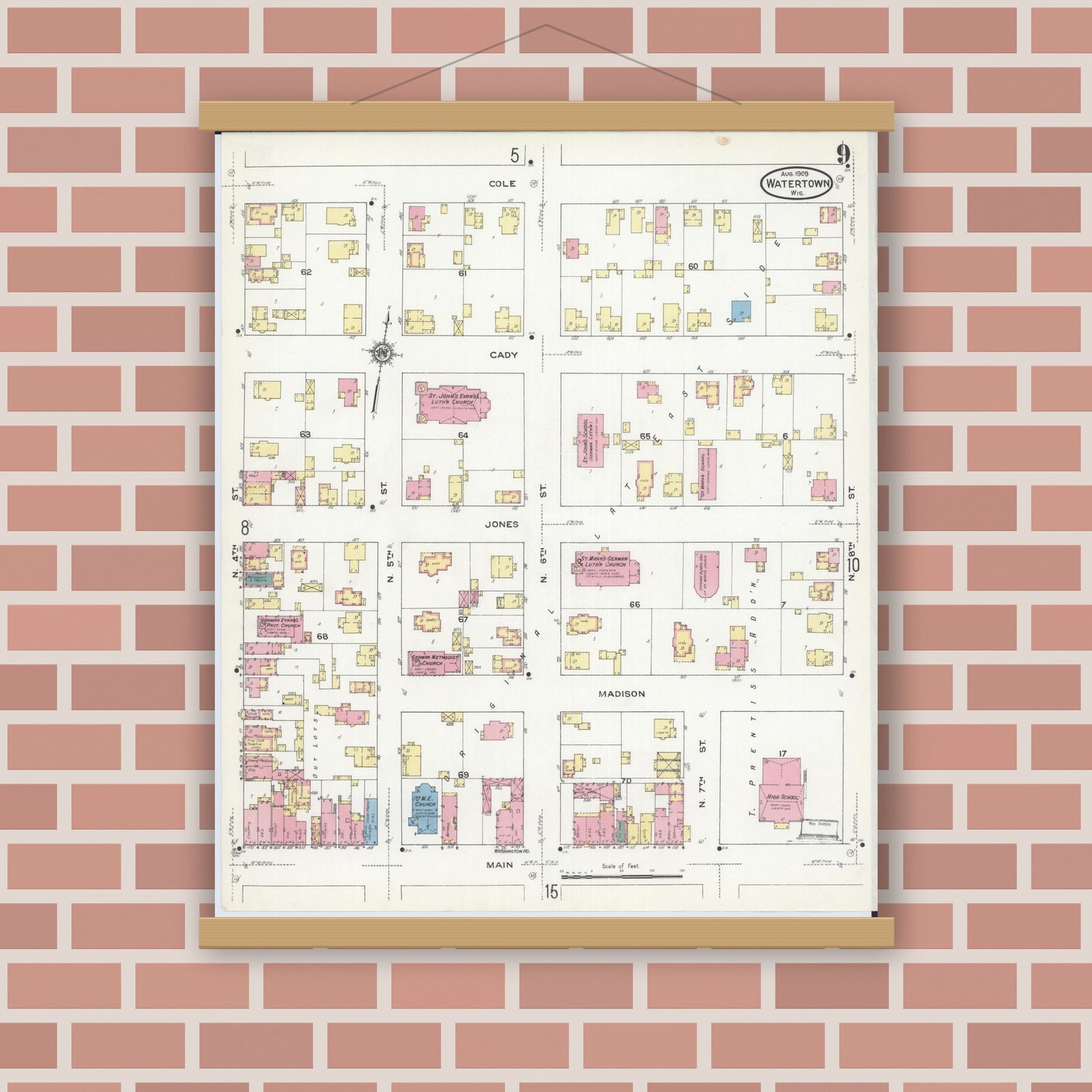 Old map wall art mockup — magnetic wood frame on brick wall — Sanborn Fire Insurance Map from Watertown, Jefferson County, Wisconsin (1909), Sheet #0009