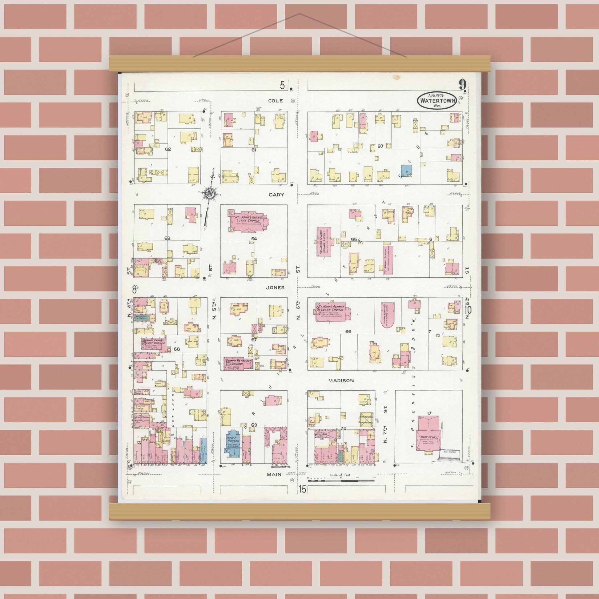 Old map wall art mockup — magnetic wood frame on brick wall — Sanborn Fire Insurance Map from Watertown, Jefferson County, Wisconsin (1909), Sheet #0009
