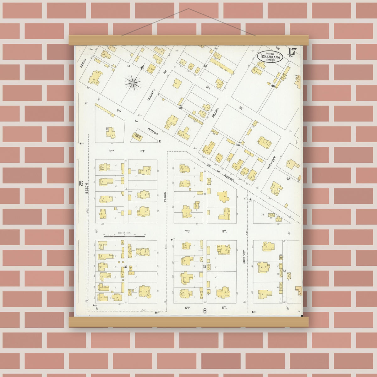 Old map wall art mockup — magnetic wood frame on brick wall — Sanborn Fire Insurance Map from Texarkana, Bowie County, Texas (1900), Sheet #0017