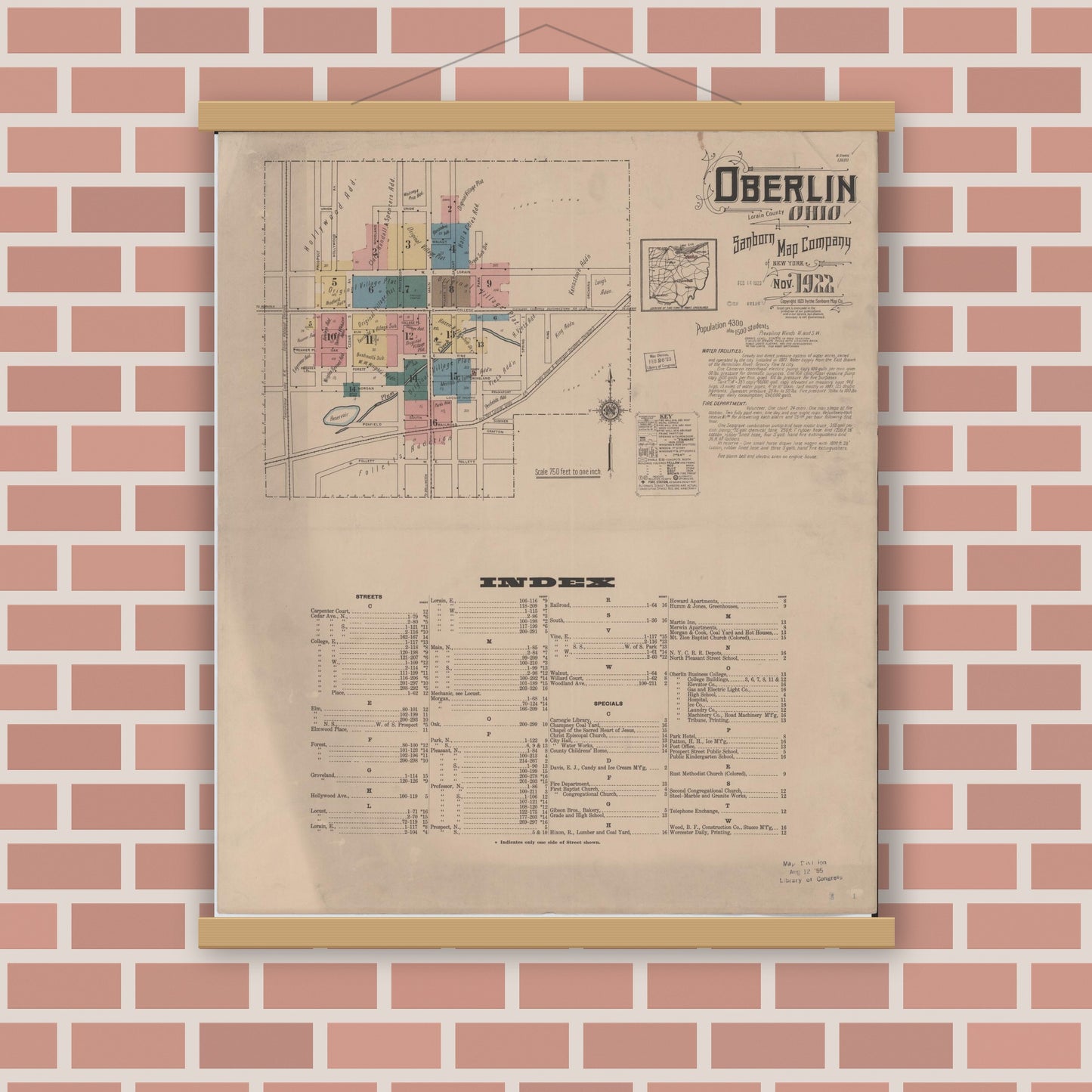 Old map wall art mockup — magnetic wood frame on brick wall — Sanborn Fire Insurance Map from Oberlin, Lorain County, Ohio (1922), Sheet #0001