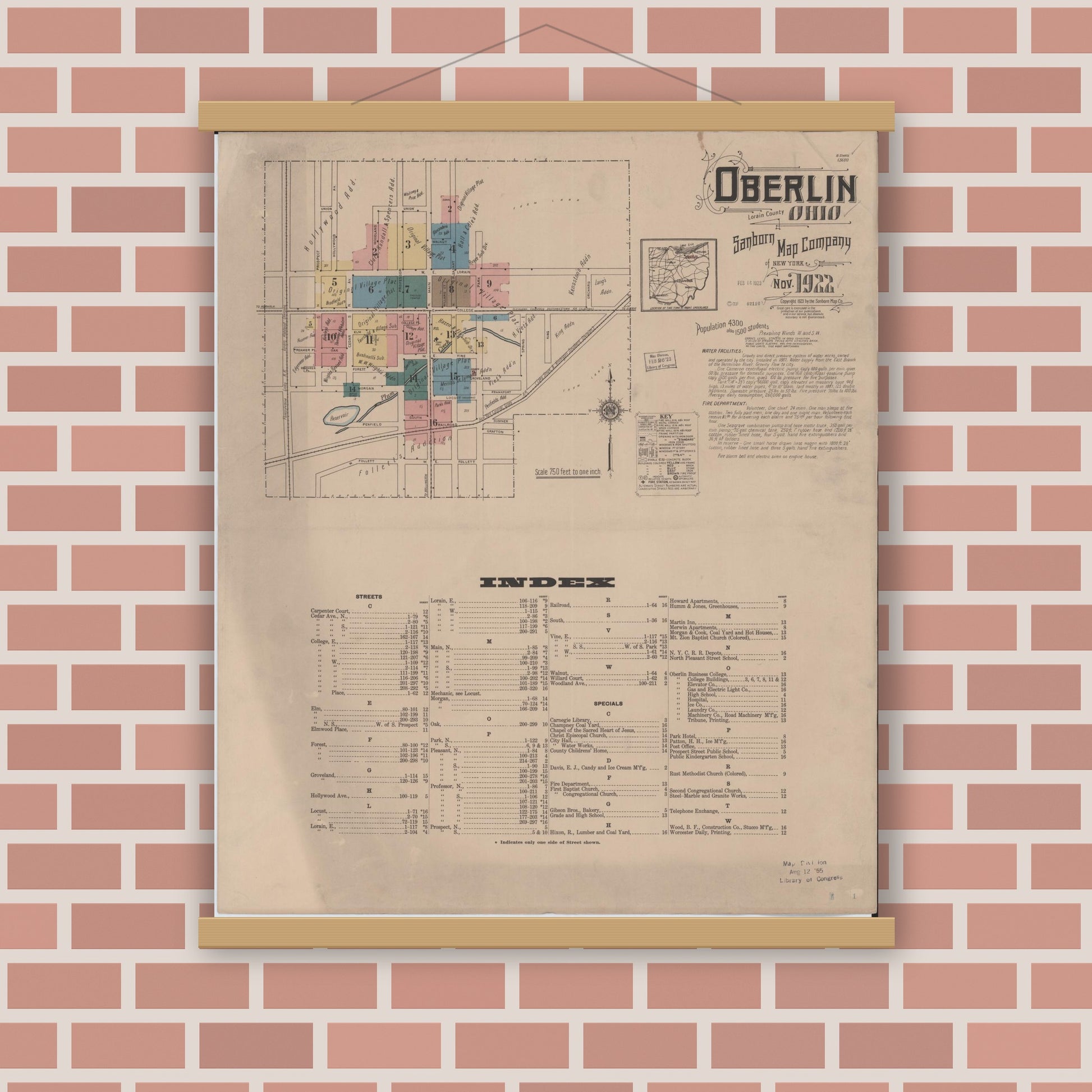 Old map wall art mockup — magnetic wood frame on brick wall — Sanborn Fire Insurance Map from Oberlin, Lorain County, Ohio (1922), Sheet #0001