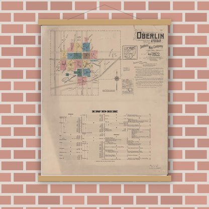 Old map wall art mockup — magnetic wood frame on brick wall — Sanborn Fire Insurance Map from Oberlin, Lorain County, Ohio (1922), Sheet #0001