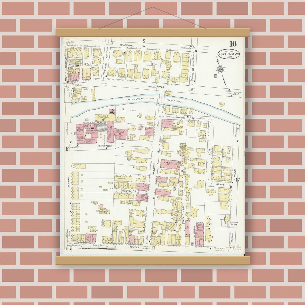 Old map wall art mockup — magnetic wood frame on brick wall — Sanborn Fire Insurance Map from North Adams, Berkshire County, Massachusetts (1914), Sheet #0016
