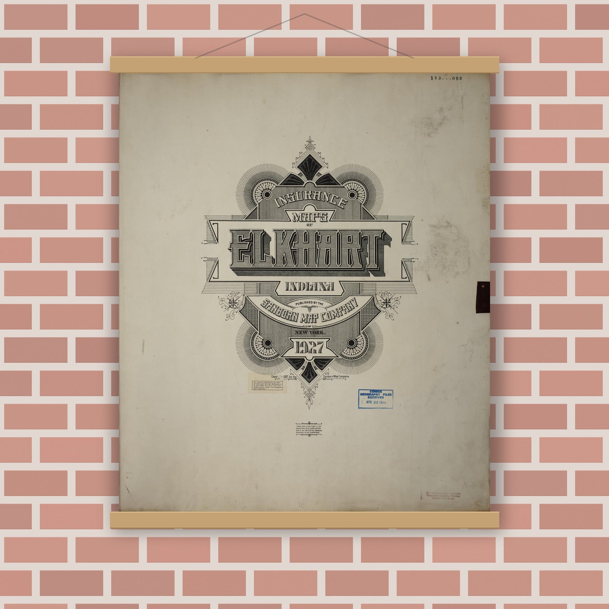 Old map wall art mockup — magnetic wood frame on brick wall — Sanborn Fire Insurance Map from Elkhart, Elkhart County, Indiana (1950), Sheet #0001