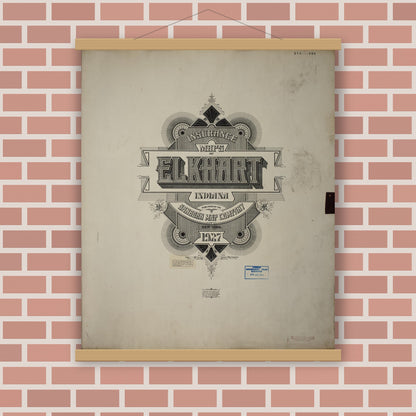 Old map wall art mockup — magnetic wood frame on brick wall — Sanborn Fire Insurance Map from Elkhart, Elkhart County, Indiana (1950), Sheet #0001