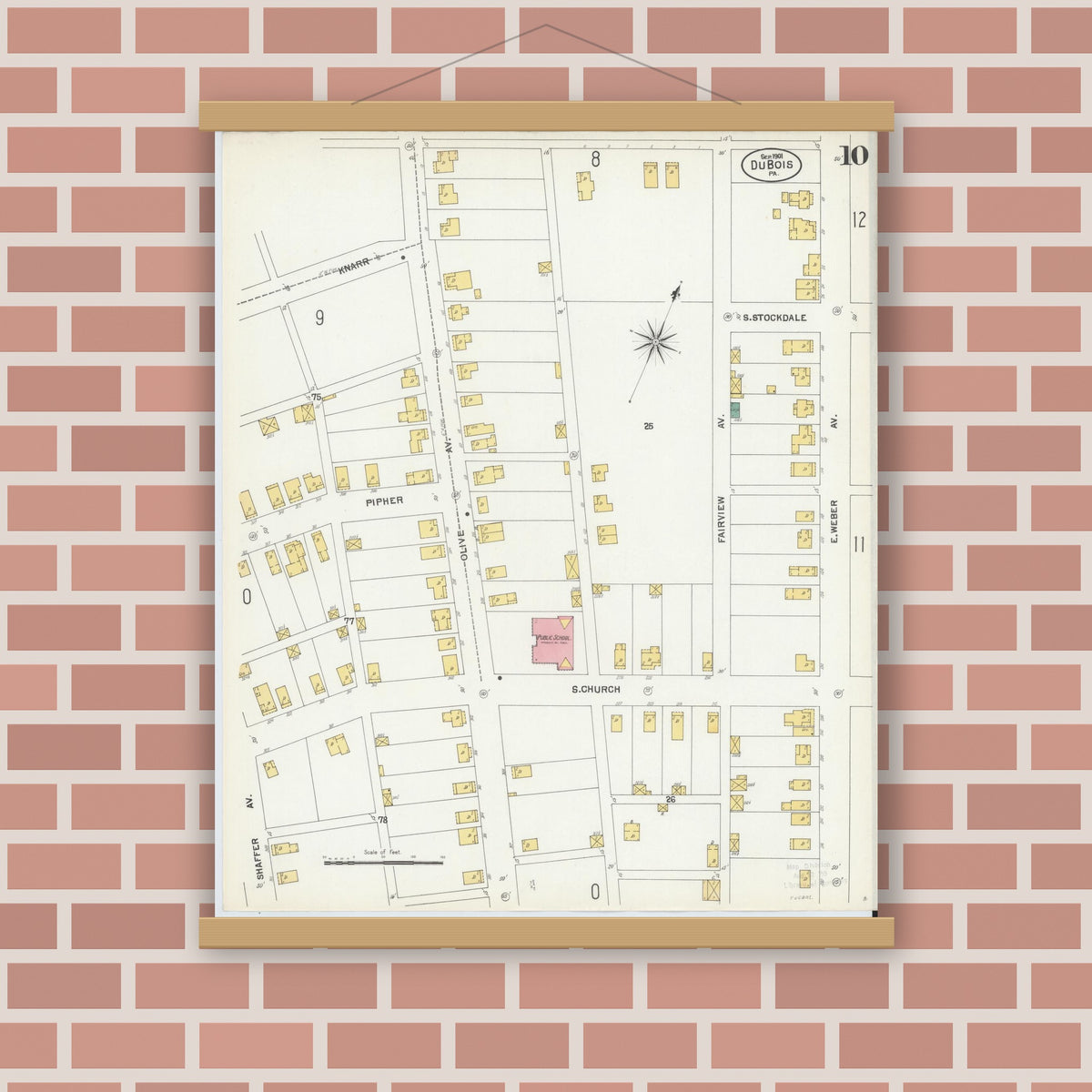 Old map wall art mockup — magnetic wood frame on brick wall — Sanborn Fire Insurance Map from Du Bois, Clearfield County, Pennsylvania (1901), Sheet #0010