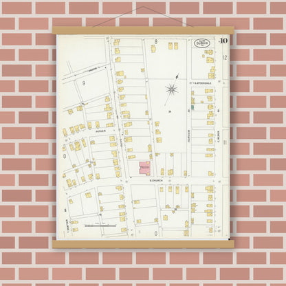 Old map wall art mockup — magnetic wood frame on brick wall — Sanborn Fire Insurance Map from Du Bois, Clearfield County, Pennsylvania (1901), Sheet #0010