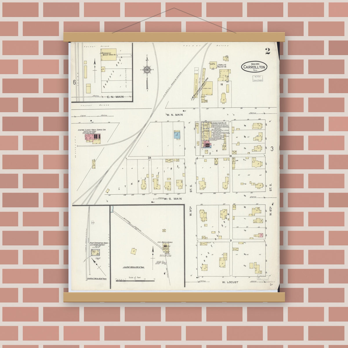 Old map wall art mockup — magnetic wood frame on brick wall — Sanborn Fire Insurance Map from Carrollton, Greene County, Illinois (1914), Sheet #0002