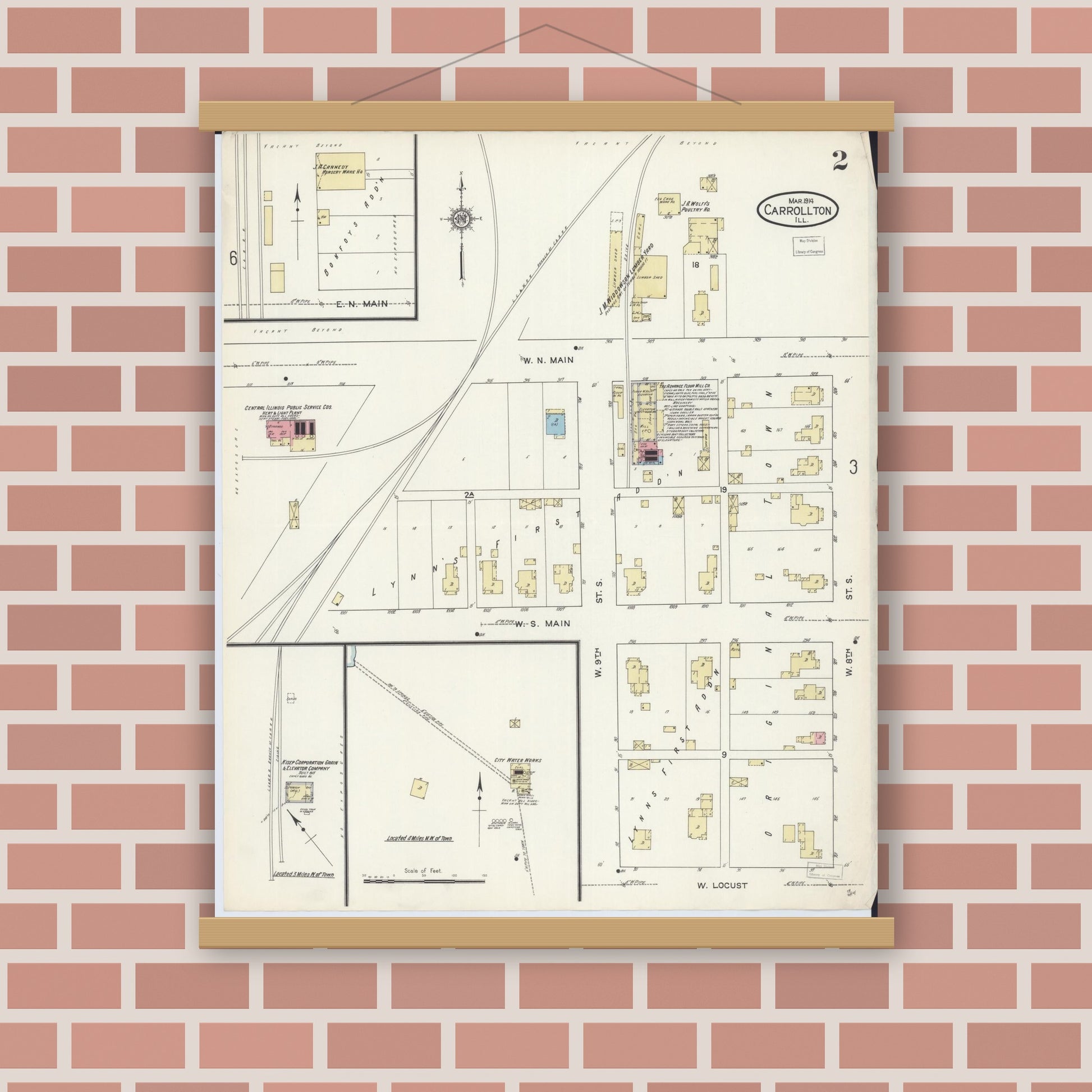 Old map wall art mockup — magnetic wood frame on brick wall — Sanborn Fire Insurance Map from Carrollton, Greene County, Illinois (1914), Sheet #0002