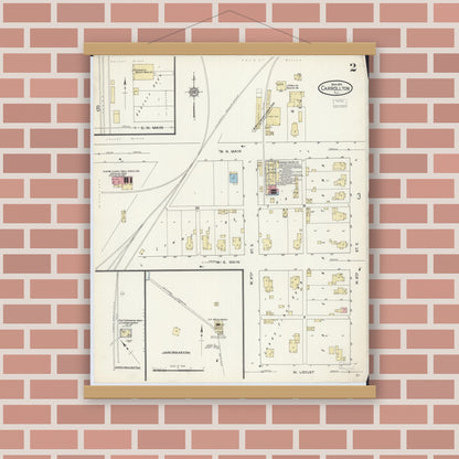 Old map wall art mockup — magnetic wood frame on brick wall — Sanborn Fire Insurance Map from Carrollton, Greene County, Illinois (1914), Sheet #0002