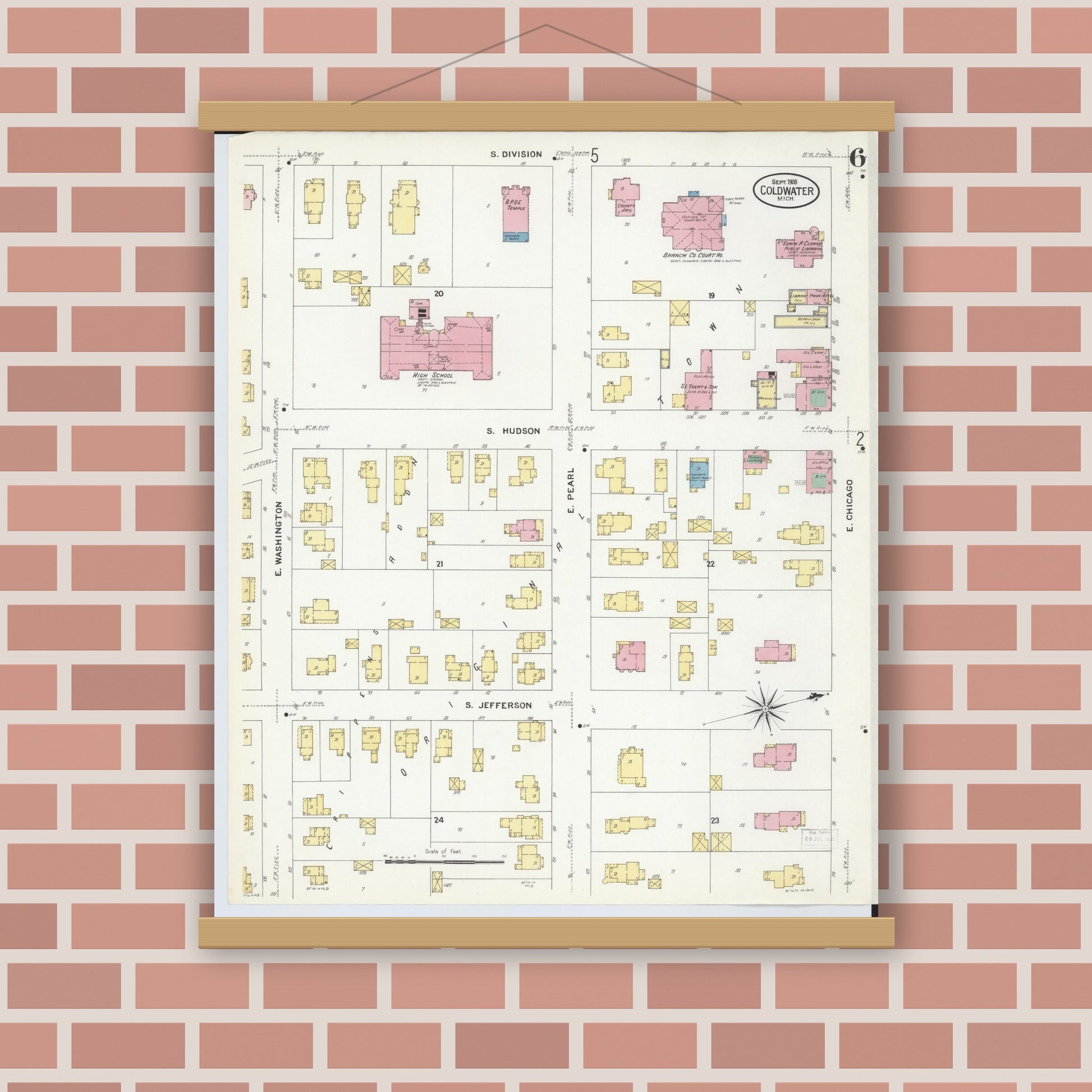 Old map wall art mockup — magnetic wood frame on brick wall — Sanborn Fire Insurance Map from Coldwater, Branch County, Michigan (1908), Sheet #0006