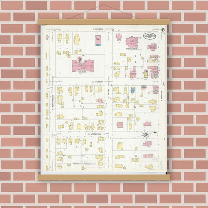 Old map wall art mockup — magnetic wood frame on brick wall — Sanborn Fire Insurance Map from Coldwater, Branch County, Michigan (1908), Sheet #0006