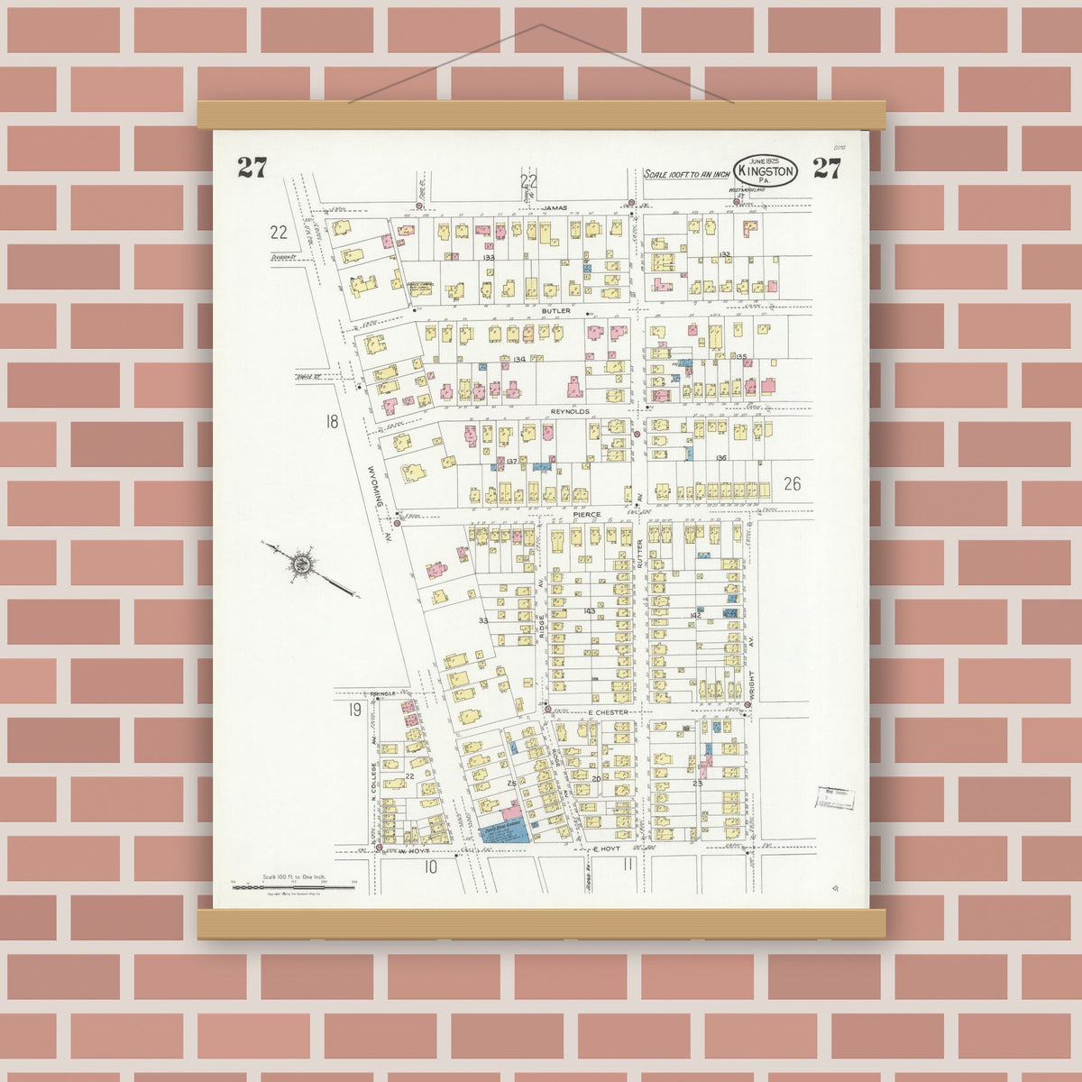 Old map wall art mockup — magnetic wood frame on brick wall — Sanborn Fire Insurance Map from Kingston, Luzerne County, Pennsylvania (1925), Sheet #0027
